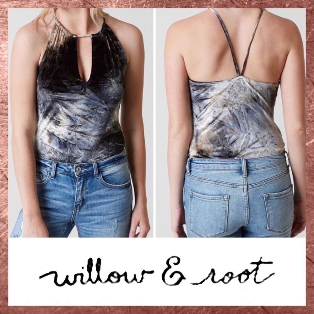 Willow & Root Blue Gold Velvet Bodysuit Small S
